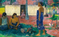 a painting by Paul Gauguin showing a woman in blue walking in front, two women seated on the grass a woman seated in front of a house, and two women walking in the background