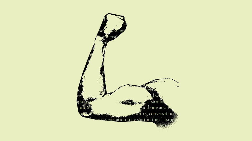 An arm flexing a bicep with words written in the shadows