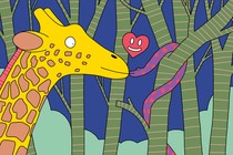 An illustration of a giraffe and a snake in love