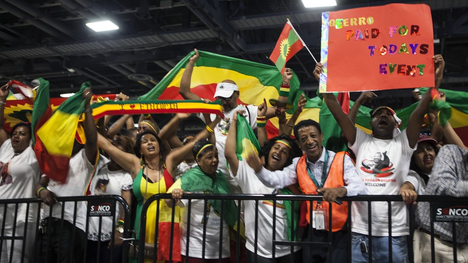 Ethiopians gather to hear Abiy Ahmed, the country's new prime minister, speak in Washington, D.C.