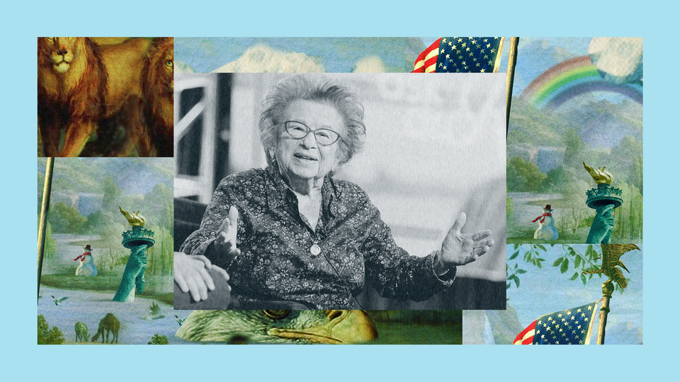 A headshot of Dr. Ruth K. Westheimer. The image is set into a frame featuring The Experiment’s show art.