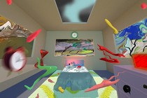 A bedroom with fuzzed out clocks and maps and squiggles zooming around