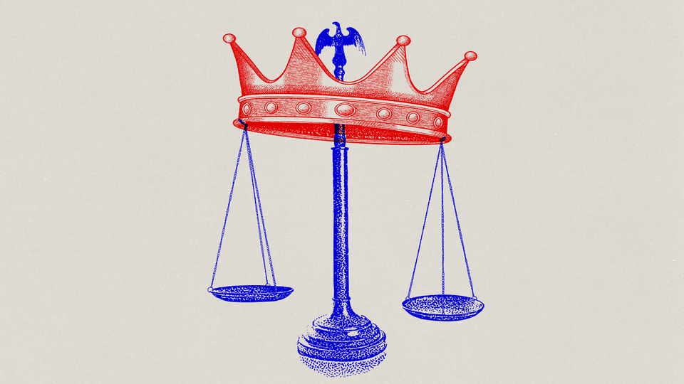 An illustration of a scale of justice with a crown sitting atop it.