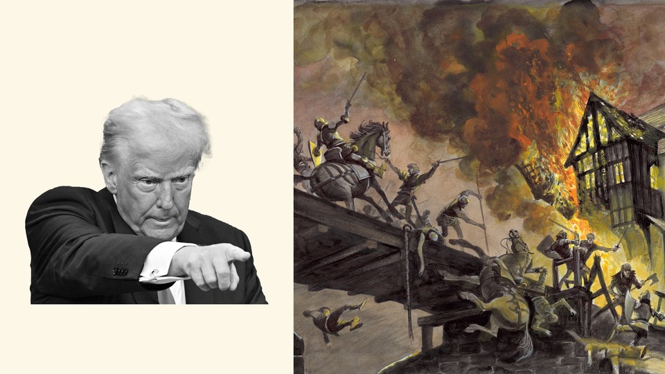 A photo splice of a black-and-white image of Donald Trump pointing (left) beside a painting of Jack Cade's rebellion (right).