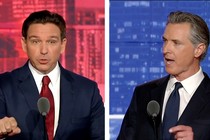 Diptych of DeSantis on a red background talking and Newsom on a blue background talking