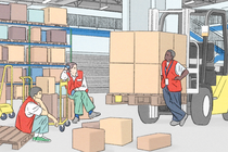 Color illustration of warehouse interior with 3 red-vested workers: one sitting on pallet; one sitting on box leaning her elbow on a dolly; one leaning against loaded forklift