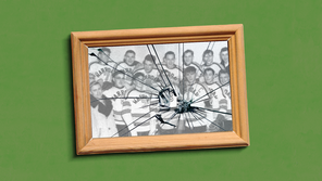 An illustration featuring a broken framed photo of a youth ice hockey team.