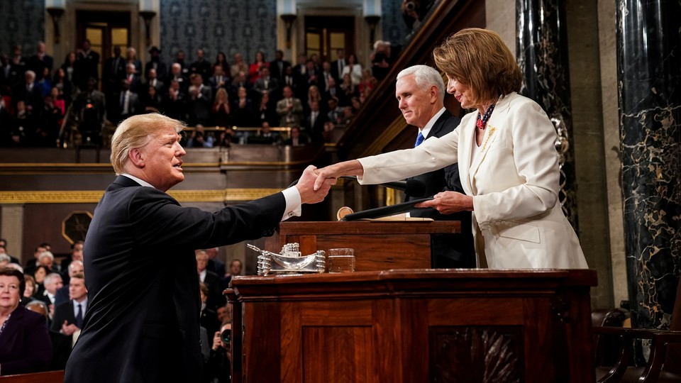 Donald Trump before delivering the State of the Union address, with Vice President Mike Pence and Speaker of the House Nancy Pelosi