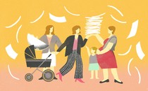 group of women with a baby carriage and a stack of paper