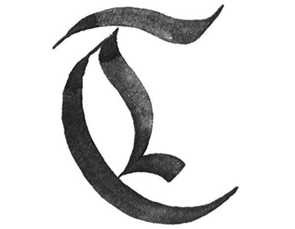 the letter "T" in calligraphy