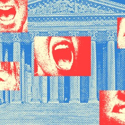Images of upset faces overlaying an image of the Supreme Court