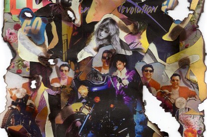 In a photo collage, music albums are layered and burned