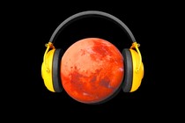 An illustration of the planet Mars wearing a set of big headphones