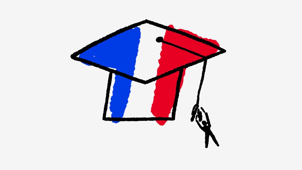 An illustration of a graduate cap colored with the French flag