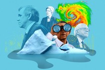 Barack Obama, Elizabeth Warren, and Bernie Sanders contemplate a melting iceberg and a hurricane radar image.