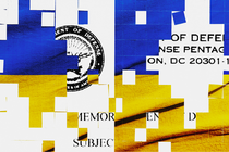 illustration of Ukrainian flag with collage elements of Pentagon papers.