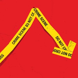 Illustration of an arrow spiking up then down, made up of yellow tape with "Crime Scene Do Not Cross" written across.