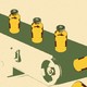 Illustration showing yellow medicine bottles moving along green conveyor belt