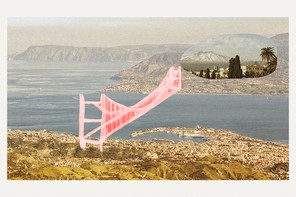 A pink sketch of a bridge is superimposed on a photo collage showing the Messina strait.