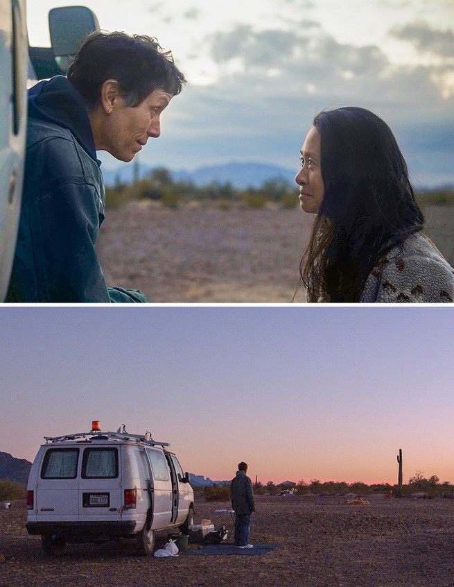 a woman leaning out of a van to talk to another woman and a woman standing by a van to look out over a desert landscape at sunset