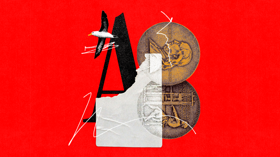 Illustration with Atlantic "A: logo, torn mailing label, albatross, two sides of a coin, and white scribbles on red background
