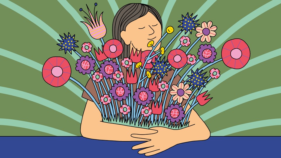 An illustration of a woman happily embracing a big bouquet.