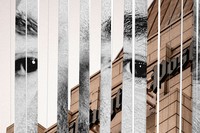 A collage of cut-out strips of Jeff Bezos interspersed with the Washington Post building