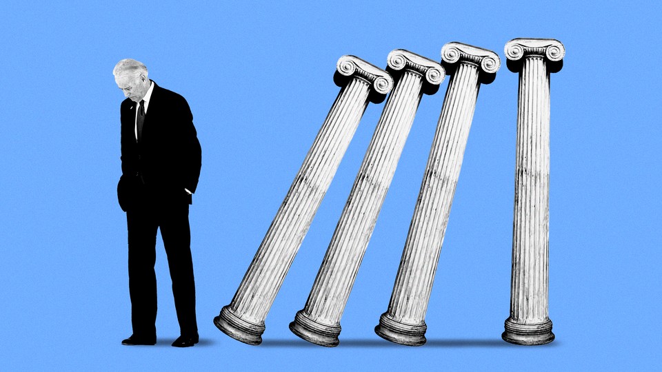 President Joe Biden and Greek columns falling on one another