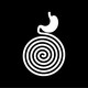 black-and-white graphic illustration of a stomach whose small intestine leads into a hypnotic spiral