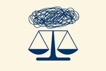 Two dimensional drawing of blue judicial scales with a pencil scribble above them.