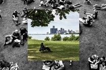 A photo of a man sitting alone in a park superimposed on a photo of people socializing together outdoors