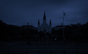 A dark image of Saint Louis Cathedral in New Orleans without electricity