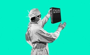 Illustration of a health-care worker holding up an English dictionary.