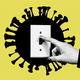 A photo illustration of a black-and-white hand turning off a light switch, which is inside a black image of a coronavirus particle. The image background is yellow.