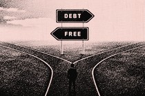 an illustration of a figure standing at a crossroads, the signs pointing toward "debt" in one direction and "free" in the other