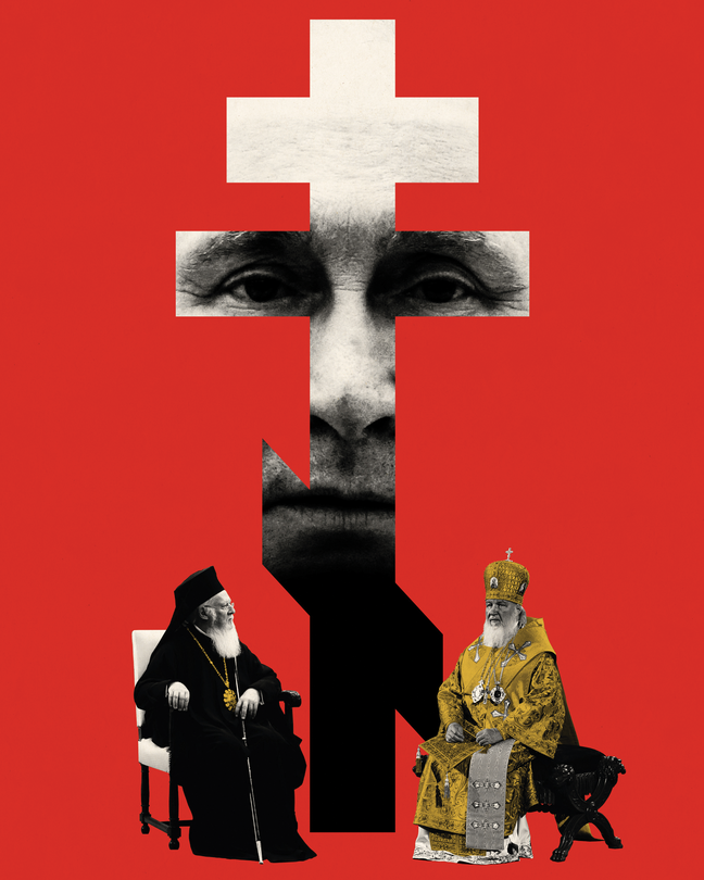 Two patriarchs sitting opposite each other at base of Orthodox-cross-shaped photo of Vladimir Putin, all on red background