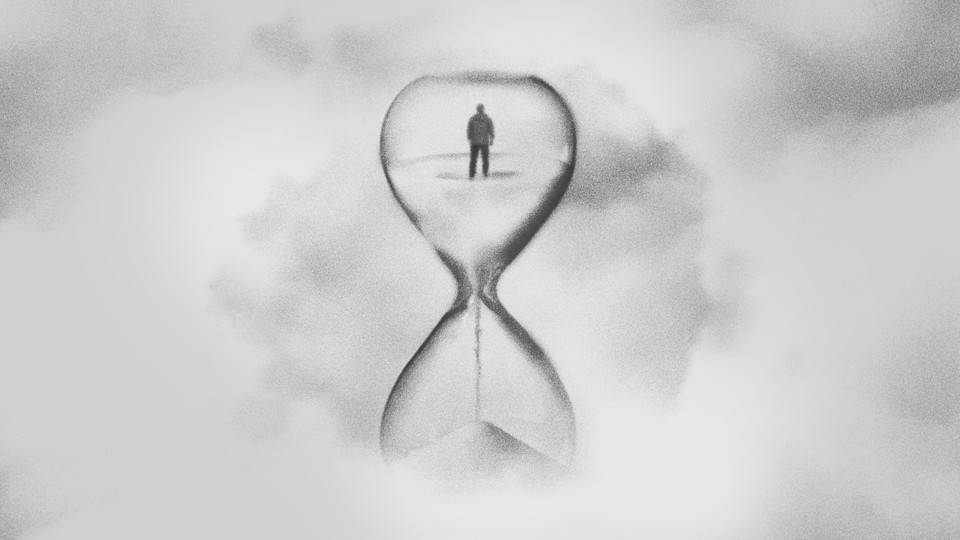 A black-and-white drawing of the back of a man who appears inside an hourglass.