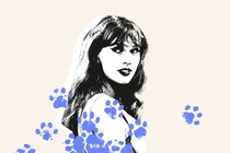 Blue cat footprints superimposed on an image of Taylor Swift