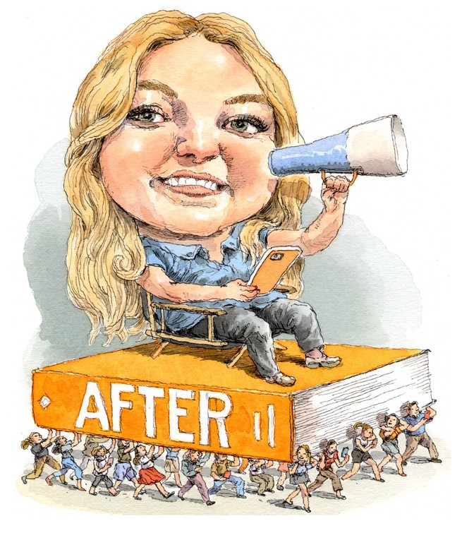 illustration of Anna Todd holding a smartphone and sitting atop her successful novel "After," which is being carried by a legion of fans