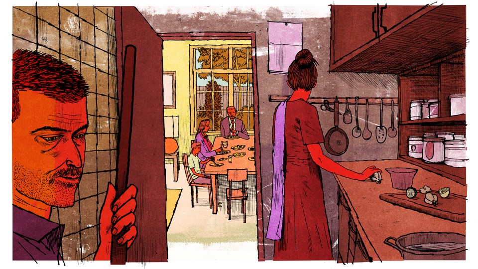 illustration of servants working in a kitchen with a wealthy family sitting at a dinner table in the background