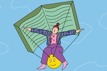 An illustration showing a woman using an open book as a parachute