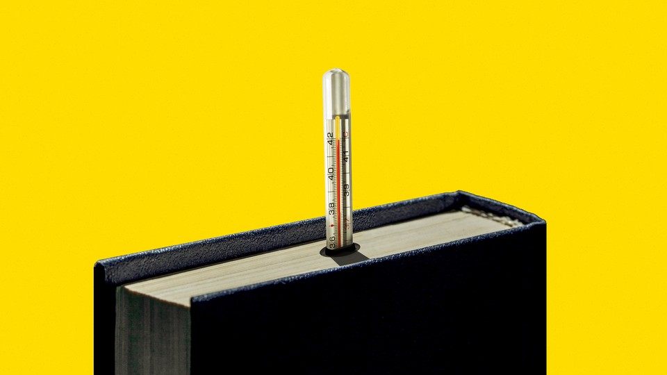 a book with a thermometer coming out of it against a yellow background