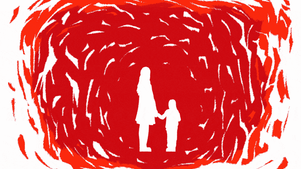woman and child in the middle of red drawing
