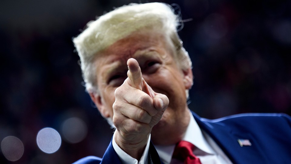 President Donald Trump points his finger at the crowd at a recent 2020 campaign rally.