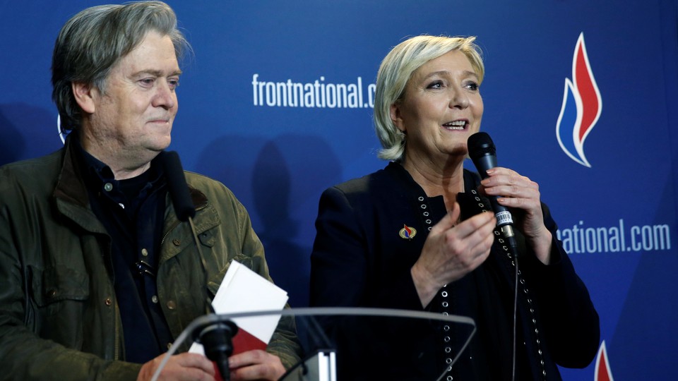 National Front party leader Marine Le Pen with former White House chief Strategist Steve Bannon