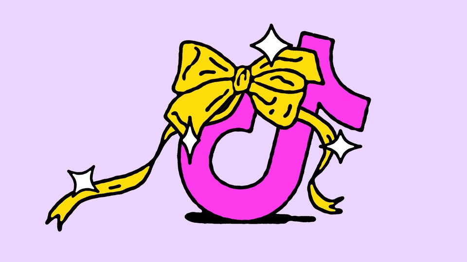 Illustration of the TikTok icon wrapped up in a yellow bow like a gift