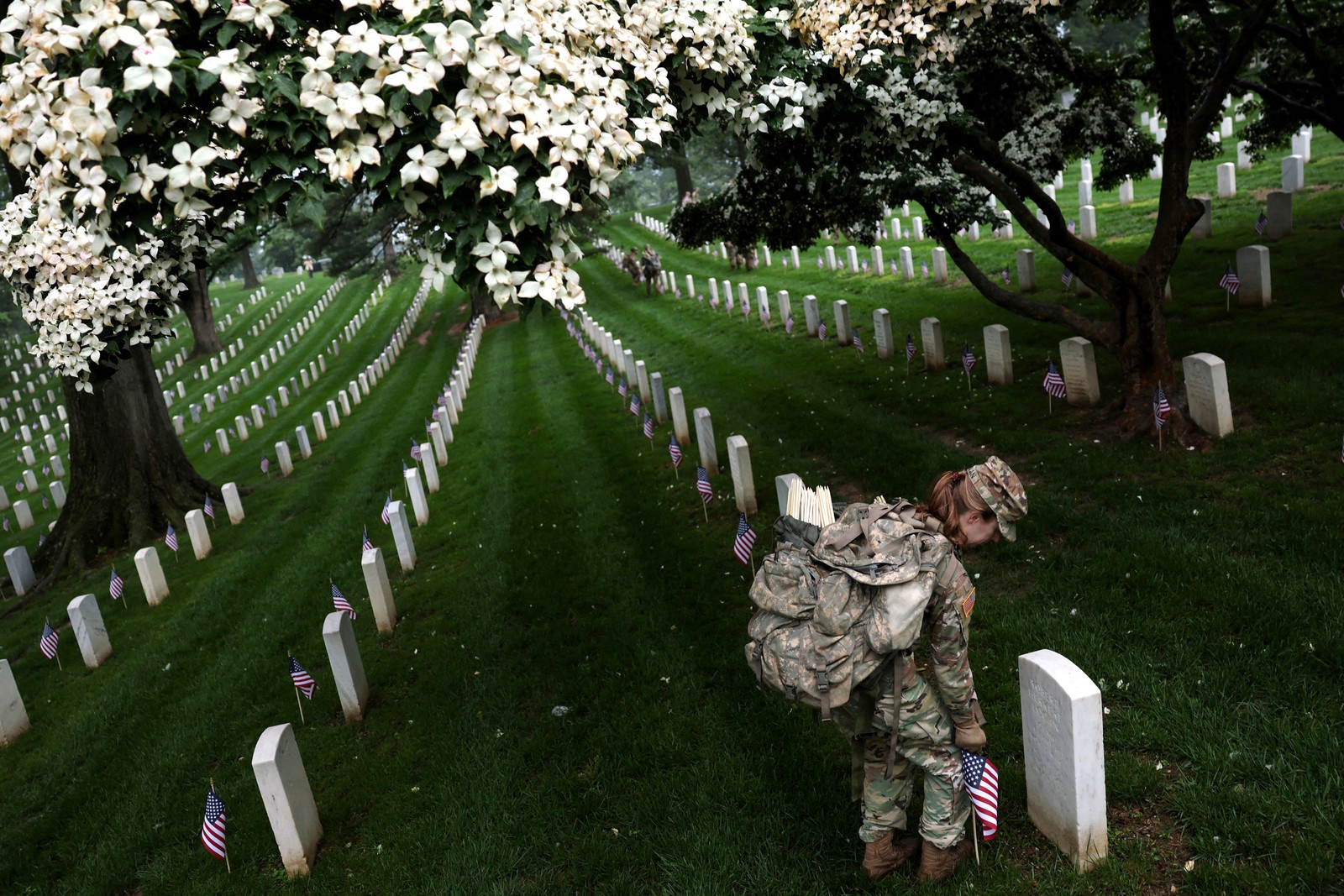 A soldier places a small American flag beside one of many gravestones standing in rows in a cemetery.