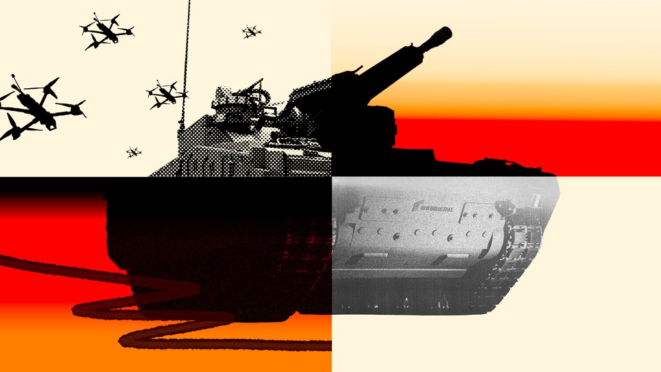 An illustration of a military tank and drones