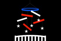 An illustration of a mobile made of stars and stripes, hanging over a baby's crib