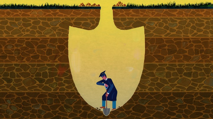 An illustration of a student wearing a gap and gown digging underground